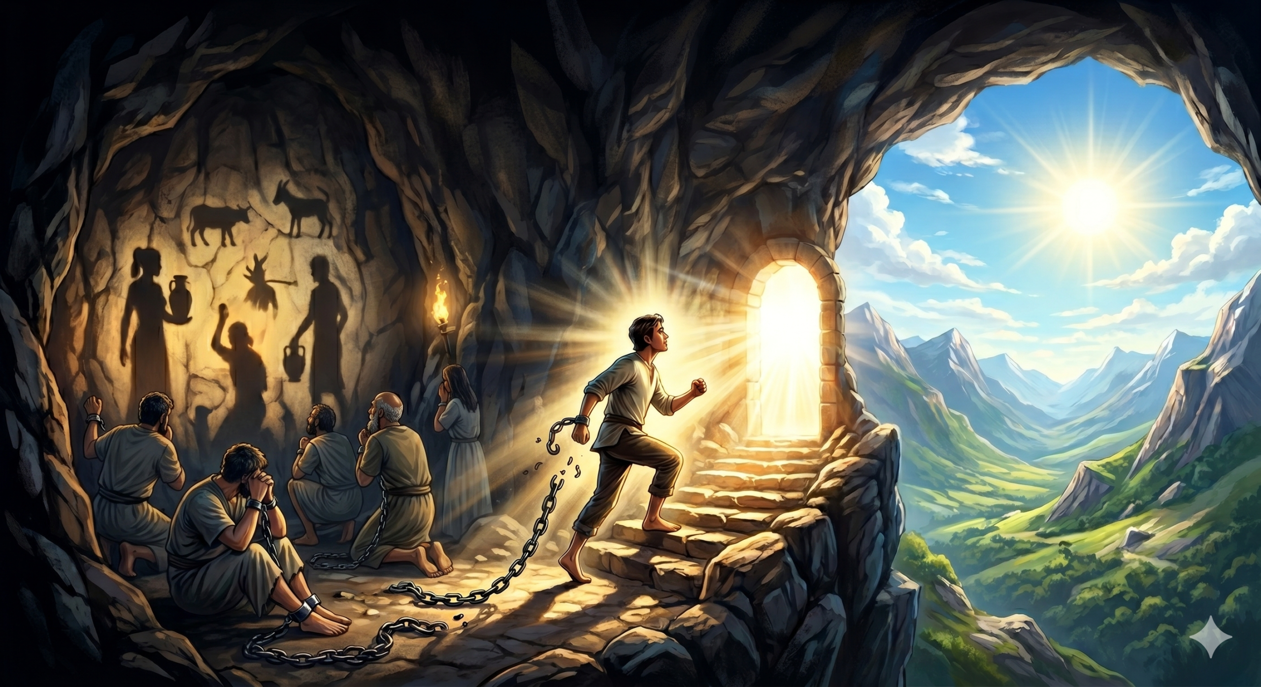 Persona rompiendo sus cadenas y subiendo hacia la luz al salir de una caverna con sombras proyectadas, alegoría del pensamiento crítico de Platón